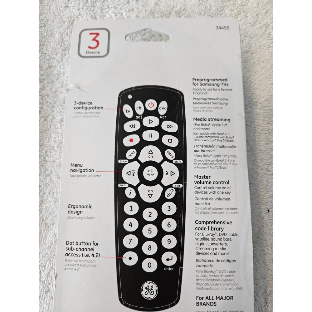 GE 3-Device Universal Remote Control 34456 Sound Bar And Streaming Compatible - Picture 6 of 6